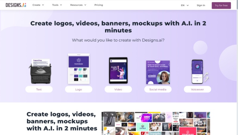 Captura de tela do site de criação de conteúdo Designs.ai