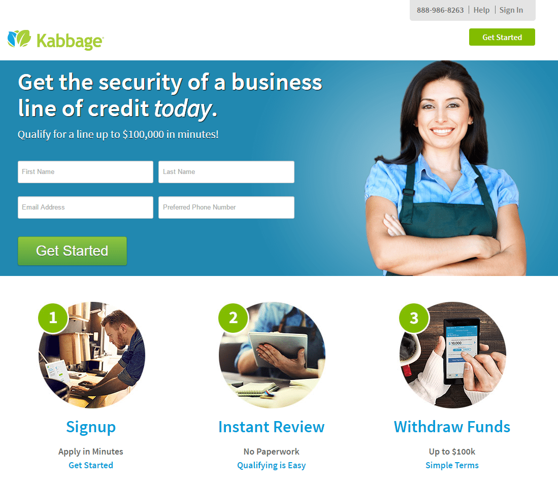 To zdjęcie pokazuje marketerom, jak Kabbage wykorzystuje finansową stronę docelową po kliknięciu, aby generować nowe potencjalne pożyczki biznesowe z nowych kont.