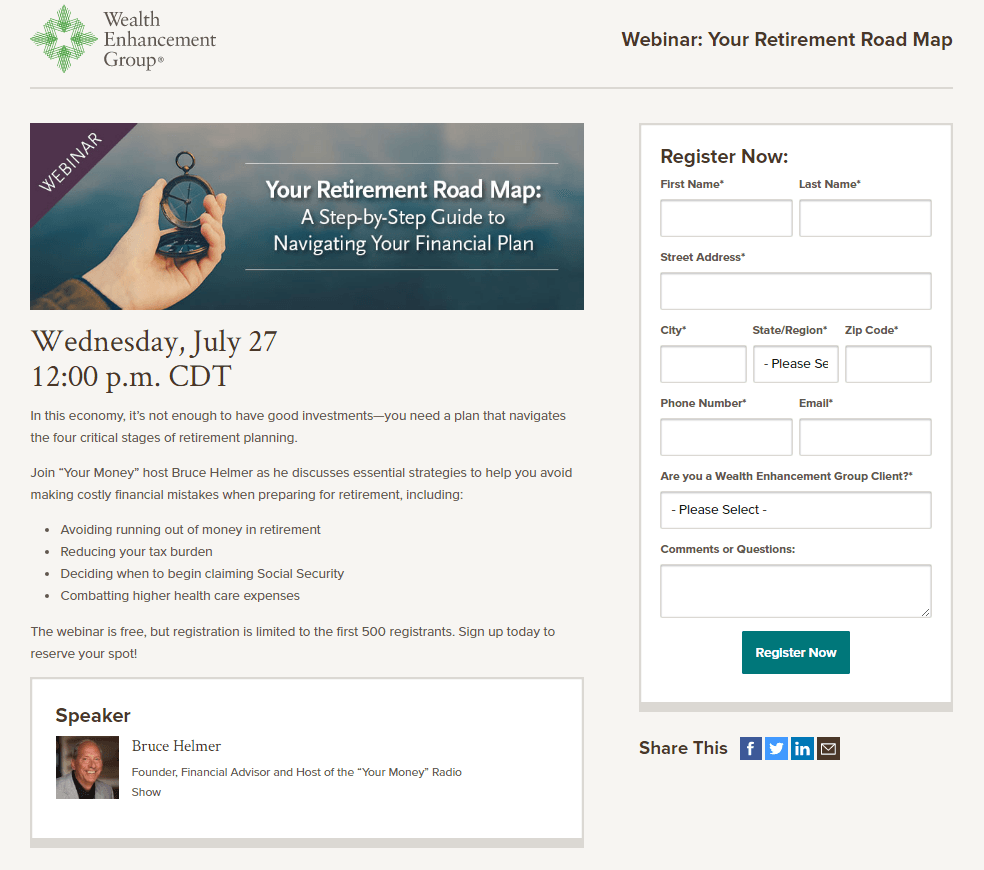 이 사진은 마케터들에게 은퇴 재정 고문이 클릭 후 랜딩 페이지를 사용하여 웨비나 등록 및 판매 리드를 생성하는 방법을 보여줍니다.