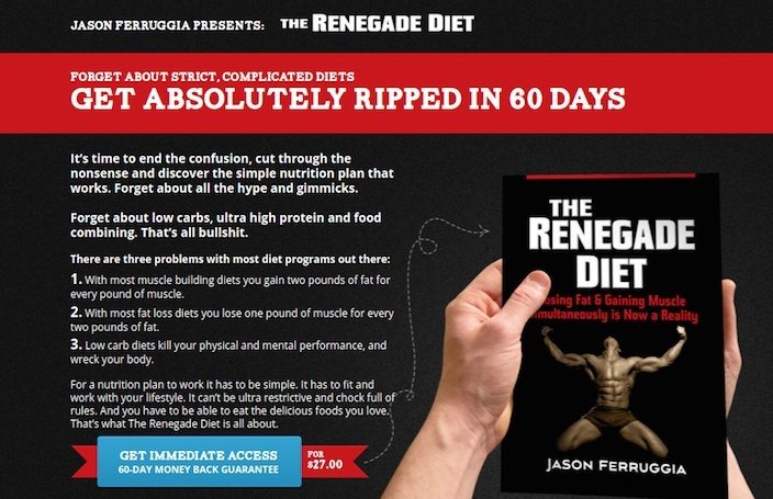 Gambar ini menunjukkan bagaimana Renegade Diet menggunakan halaman penjualan yang dioptimalkan untuk menjual lebih banyak kursus diet pembentuk otot.