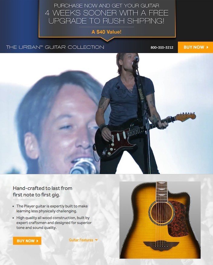 Gambar ini menunjukkan bagaimana bintang musik country Keith Urban menggunakan halaman penjualan yang dioptimalkan untuk menjual lebih banyak gitar.