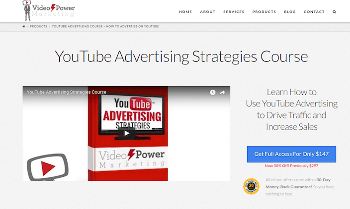 ภาพนี้แสดงวิธีที่ Video Power Marketing ใช้หน้าการขายที่ปรับให้เหมาะสมเพื่อขายหลักสูตรกลยุทธ์การโฆษณาบน YouTube ให้มากขึ้น