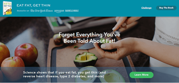 ภาพนี้แสดงให้เห็นว่าโปรแกรม "Eat Fat, Get Thin" ของ Dr. Mark Hyman ใช้หน้าการขายที่ปรับให้เหมาะสมเพื่อลงทะเบียนลูกค้ามากขึ้นอย่างไร
