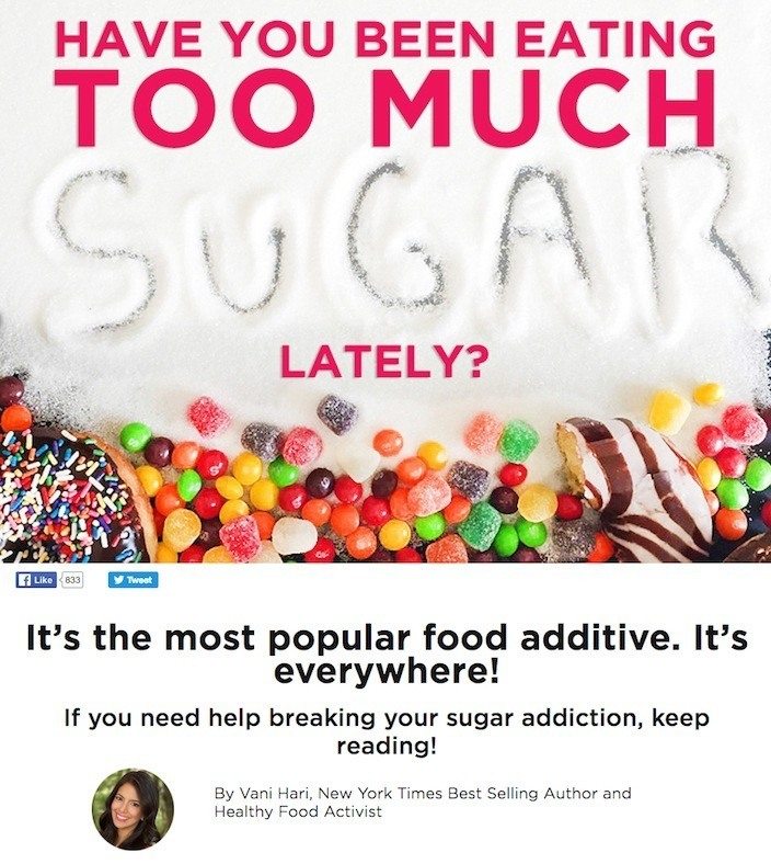 Gambar ini menunjukkan bagaimana Aktivis Makanan Sehat Vani Hari menggunakan halaman penjualan yang dioptimalkan untuk menjual lebih banyak program makan detoksifikasi gula.