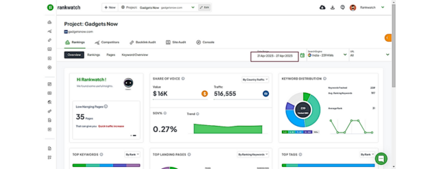 Funzionalità di panoramica della classifica nella dashboard di RankWatch