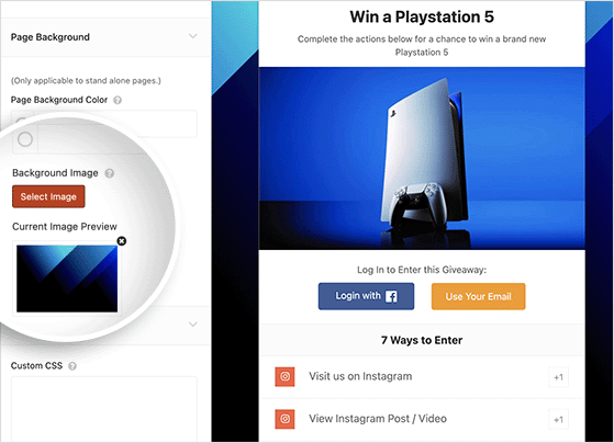 RafflePress giveaway builder with background image