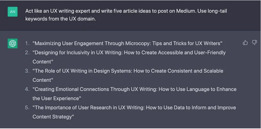 UX 작가 기사 생성 ChatGPT 프롬프트의 스크린샷