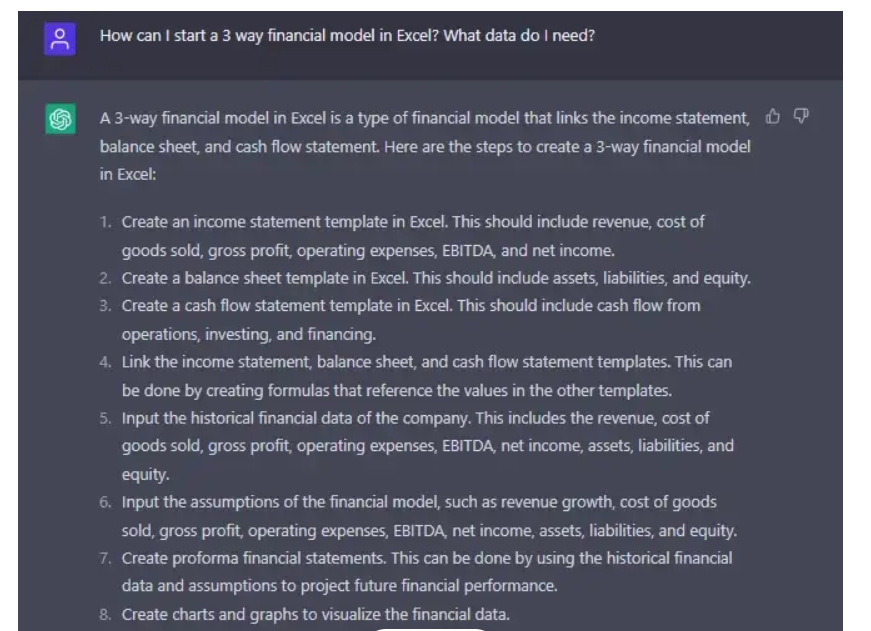 금융 모드 Excel ChatGPT 프롬프트의 스크린샷