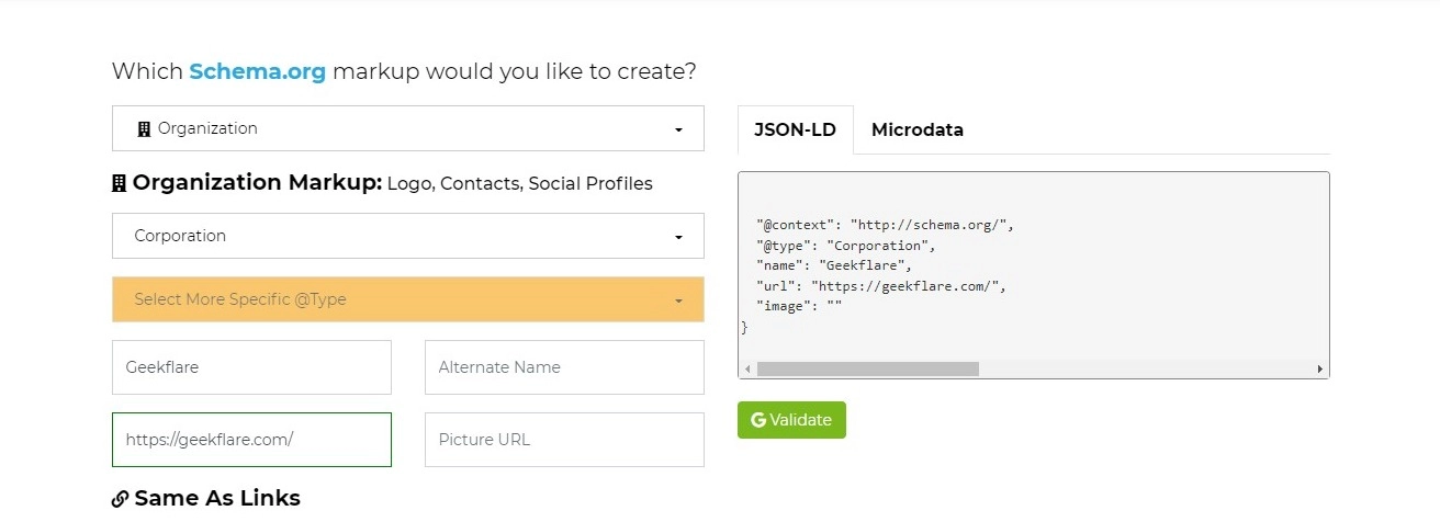 Image d'un outil générateur de schéma par Searchbloom, conçu pour aider à créer des données structurées pour une meilleure performance d'optimisation des moteurs de recherche (SEO).