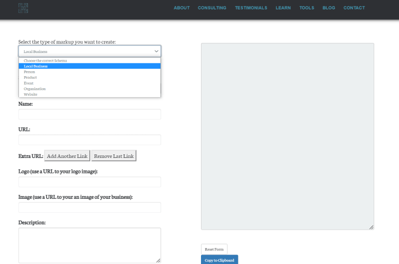 Une image de l'interface de l'outil JSON-LD Schema Generator for SEO, montrant divers champs d'entrée et options pour optimiser les données structurées.