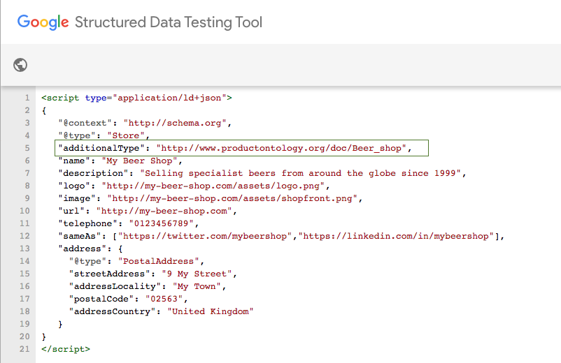 Un exemple de balisage JSON pour une entreprise simple généré via Google Structured Data Markup Helper, illustrant la mise en œuvre de données structurées pour le schéma organisationnel.