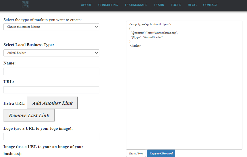 Pagina dello strumento di composizione dello schema locale JSON-LD