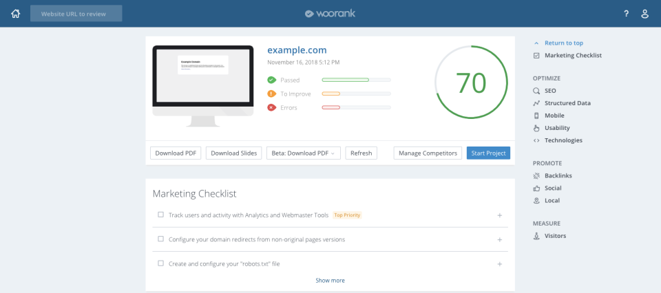 Capture d'écran de Woorank, présentant les performances d'un site Web dans les moteurs de recherche et un score de référencement.