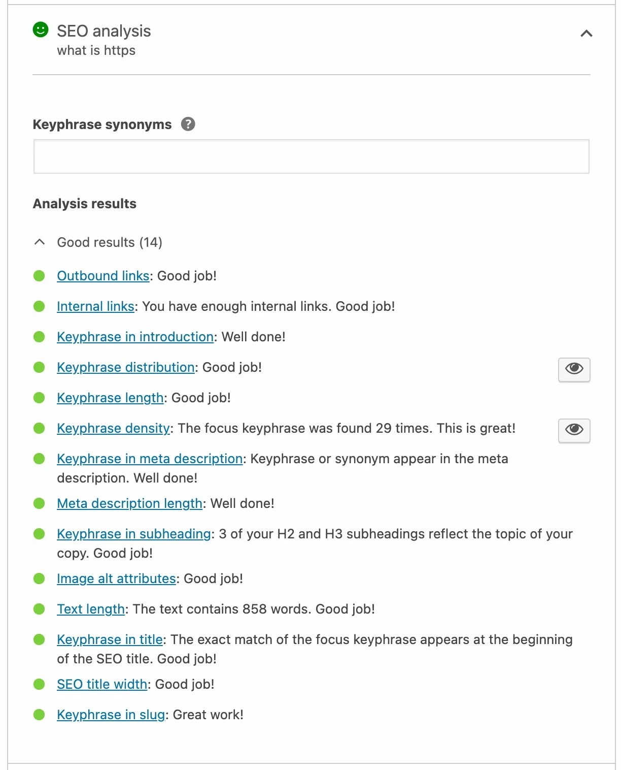 Capture d'écran de la page de fonctionnalité d'analyse du plug-in Yoast SEO, affichant une interface qui fournit des recommandations de référencement sur la page, une analyse de la lisibilité du contenu et une optimisation des mots clés pour un meilleur référencement du site Web.