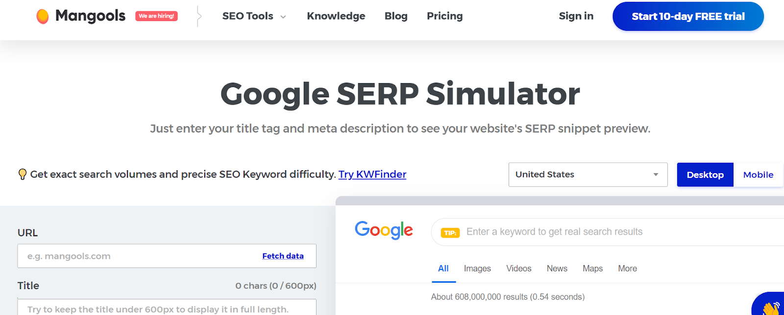 SERP Simulator di Mangools è uno strumento online gratuito che ti consente di visualizzare in anteprima lo snippet SERP del tuo sito Web mentre scrivi il tag del titolo e la meta descrizione.