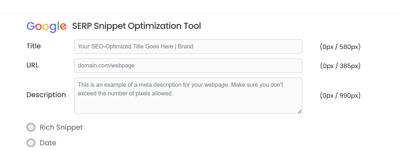 SERP Snippet Optimization Tool è uno strumento online che simula le pagine dei risultati dei motori di ricerca (SERP) di Google.