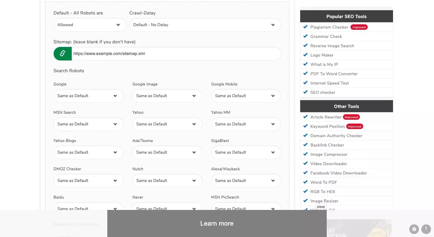 Небольшие SEO-инструменты robots txt tool page image