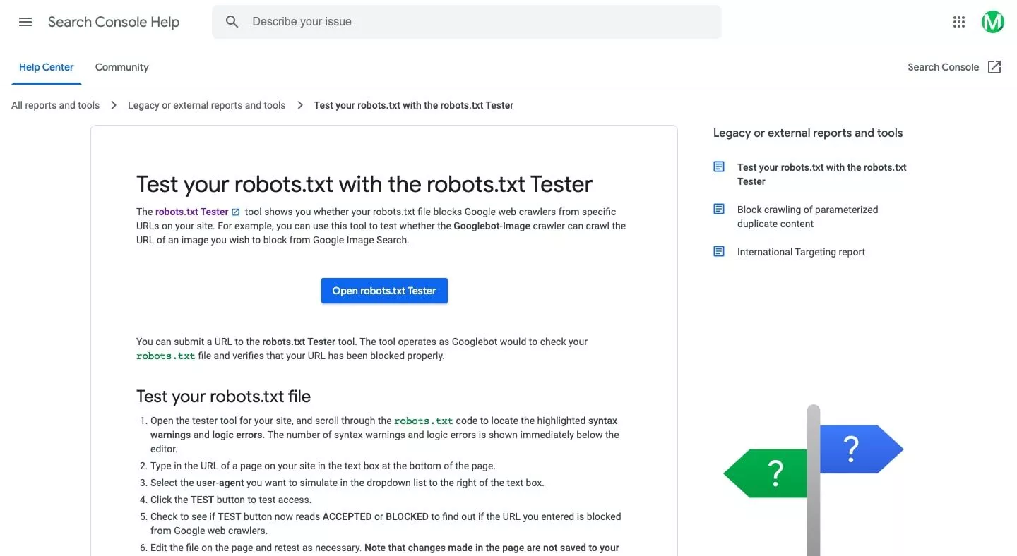 Изображение страницы инструмента Google robots txt