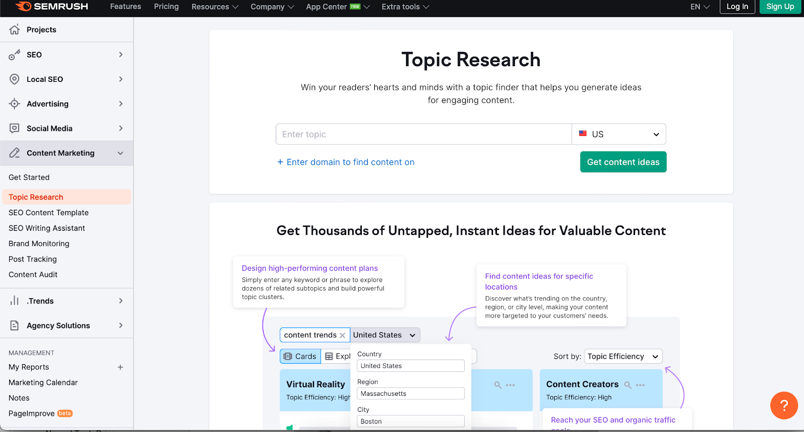 Инструмент генератора тематических исследований Semrush для идей контента