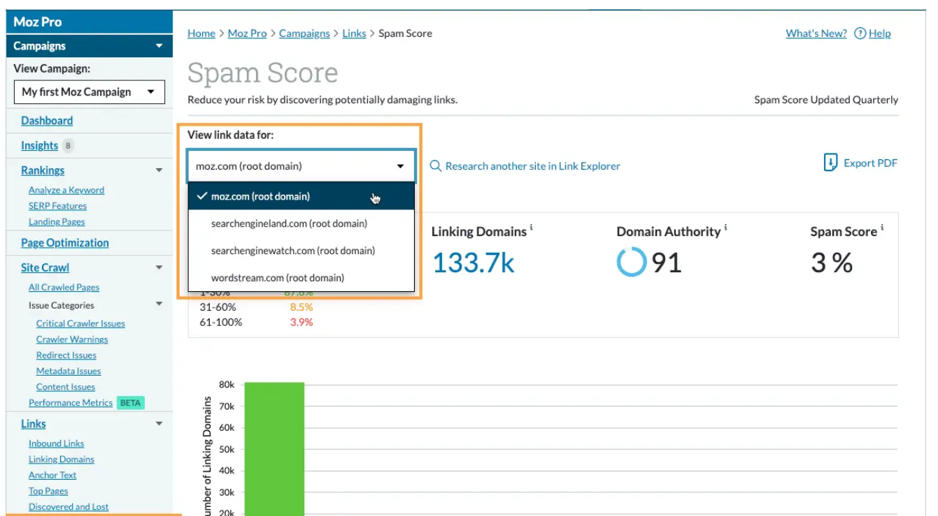 Der MozPro Link Explorer bietet eine detaillierte Backlink-Analyse mit Metriken wie Domain-Autorität, Ankertexten usw.