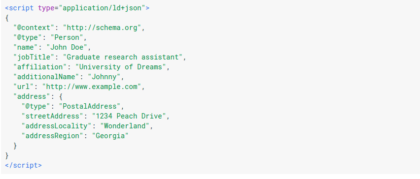 Визуальное представление структуры JSON-LD, сгенерированной Hallanalysis, с выделением ее синтаксиса и элементов.