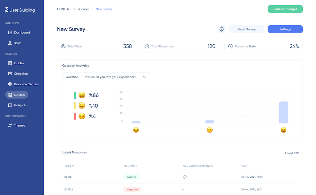 Recurso de pesquisa do UserGuiding - escala de classificação de emoji