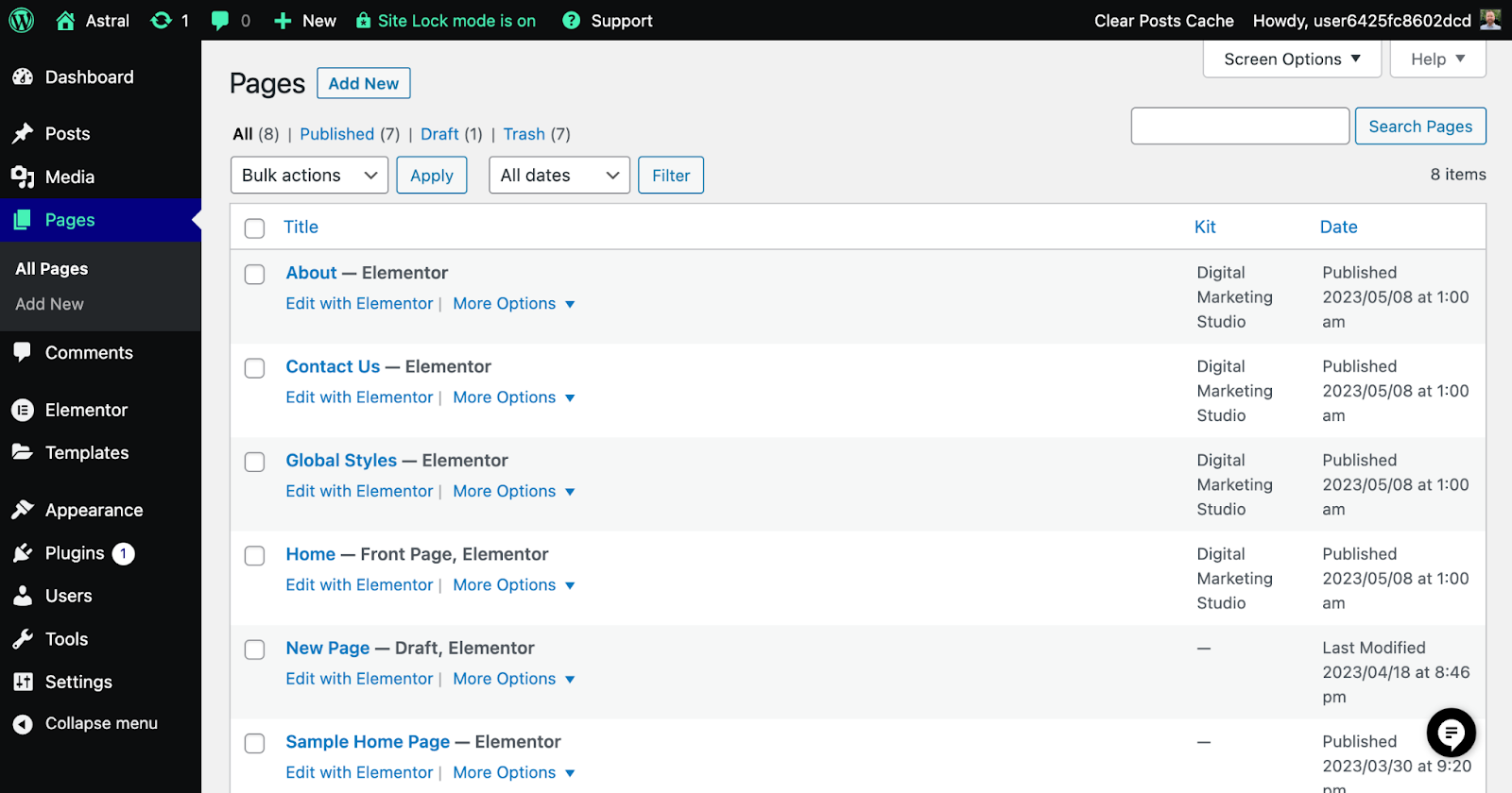 Una lista de páginas en el tablero de WordPress