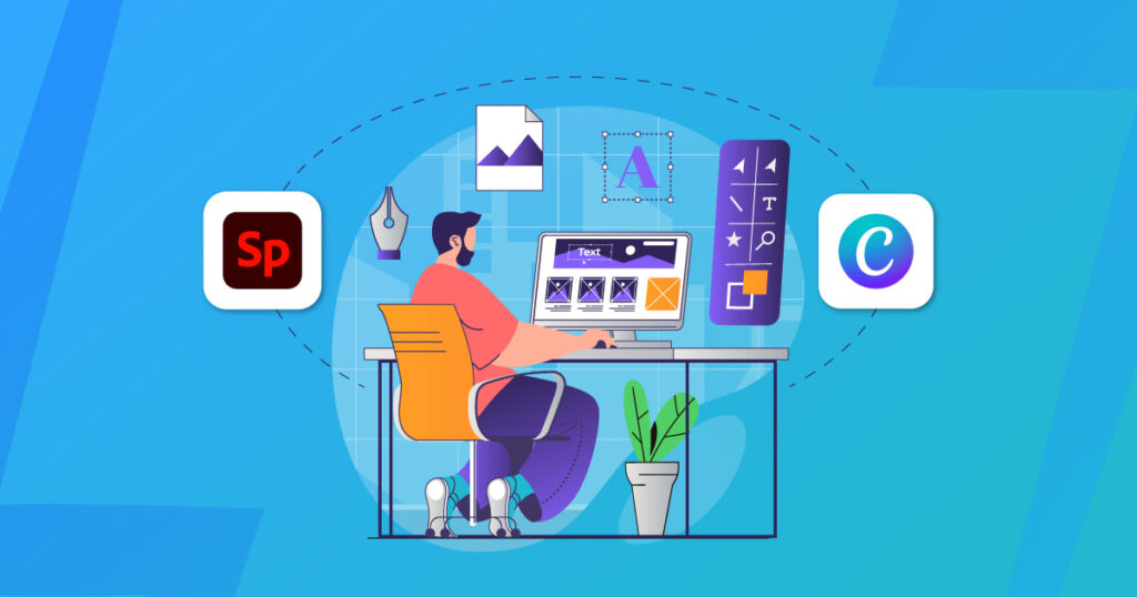pria mengerjakan desain, adobe vs canva