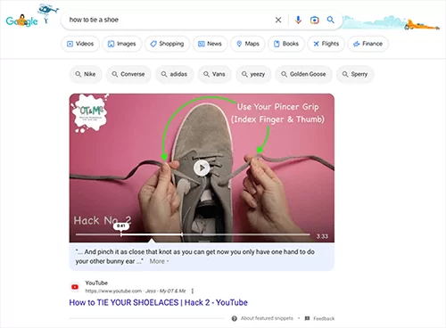 Google 搜索結果在“位置零”處顯示了針對查詢“如何系鞋帶”的“操作方法”視頻。