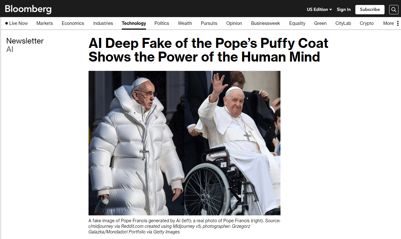 deepfake del papa - bloomberg