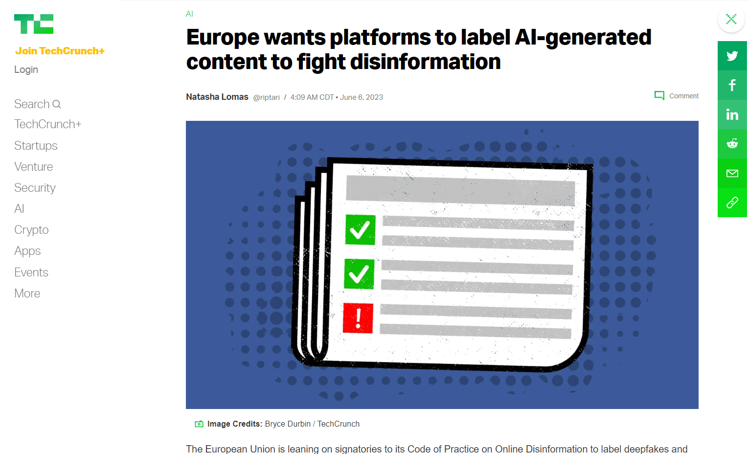 artículo de techcrunch sobre la UE y el etiquetado del contenido de IA