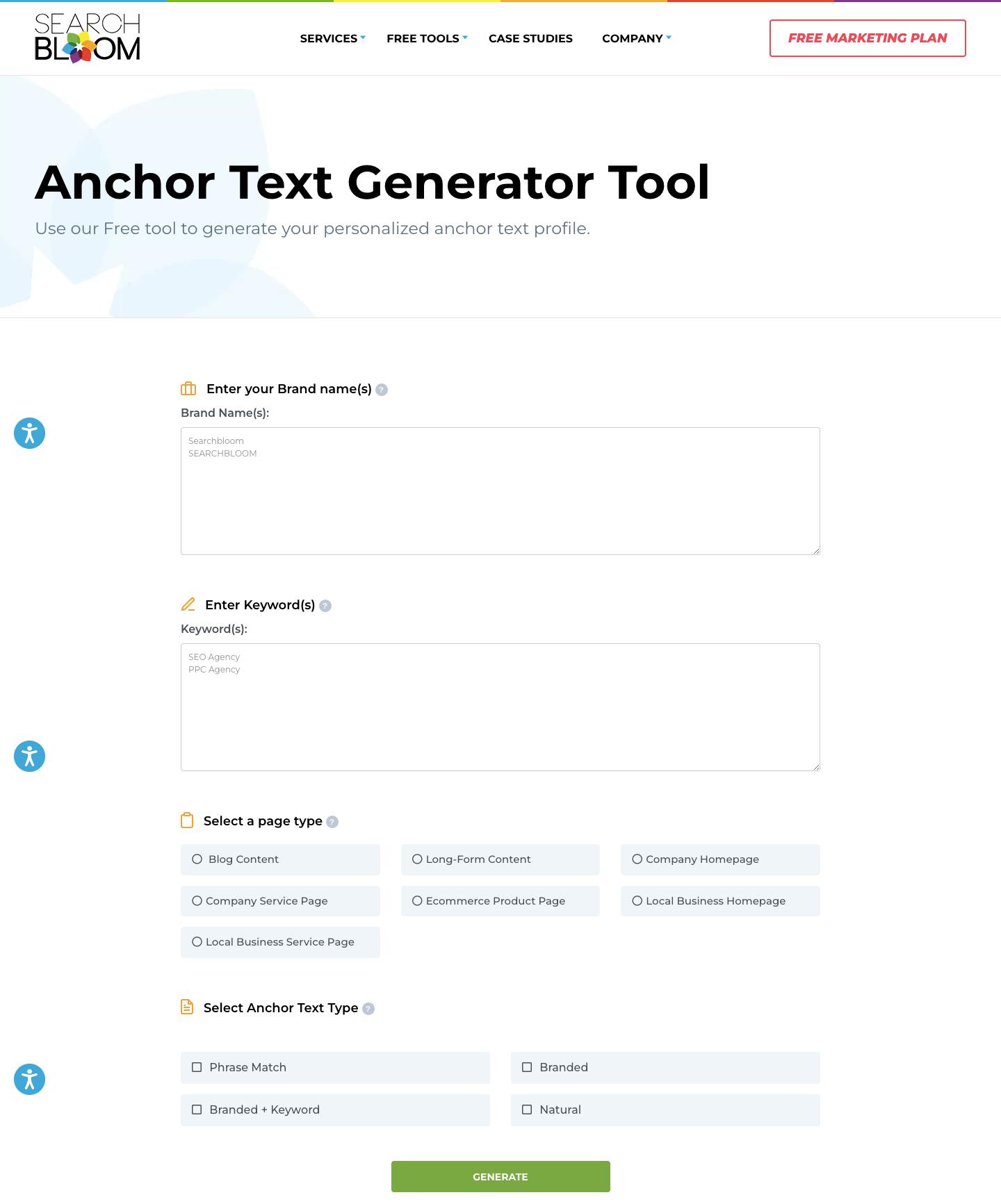 Herramientas de redacción de contenido para SEO: generador de texto de anclaje Searchbloom