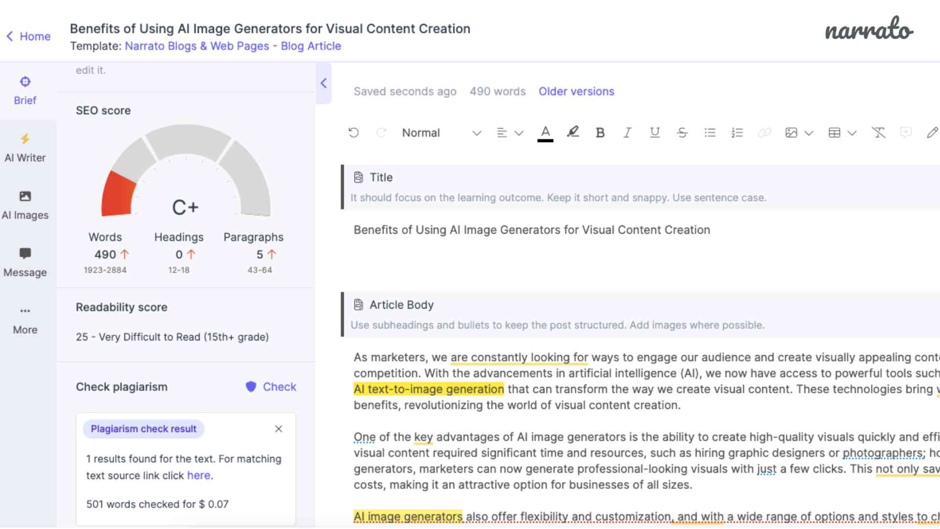 Herramientas de redacción de contenido para SEO: verificador de plagio de Narrato