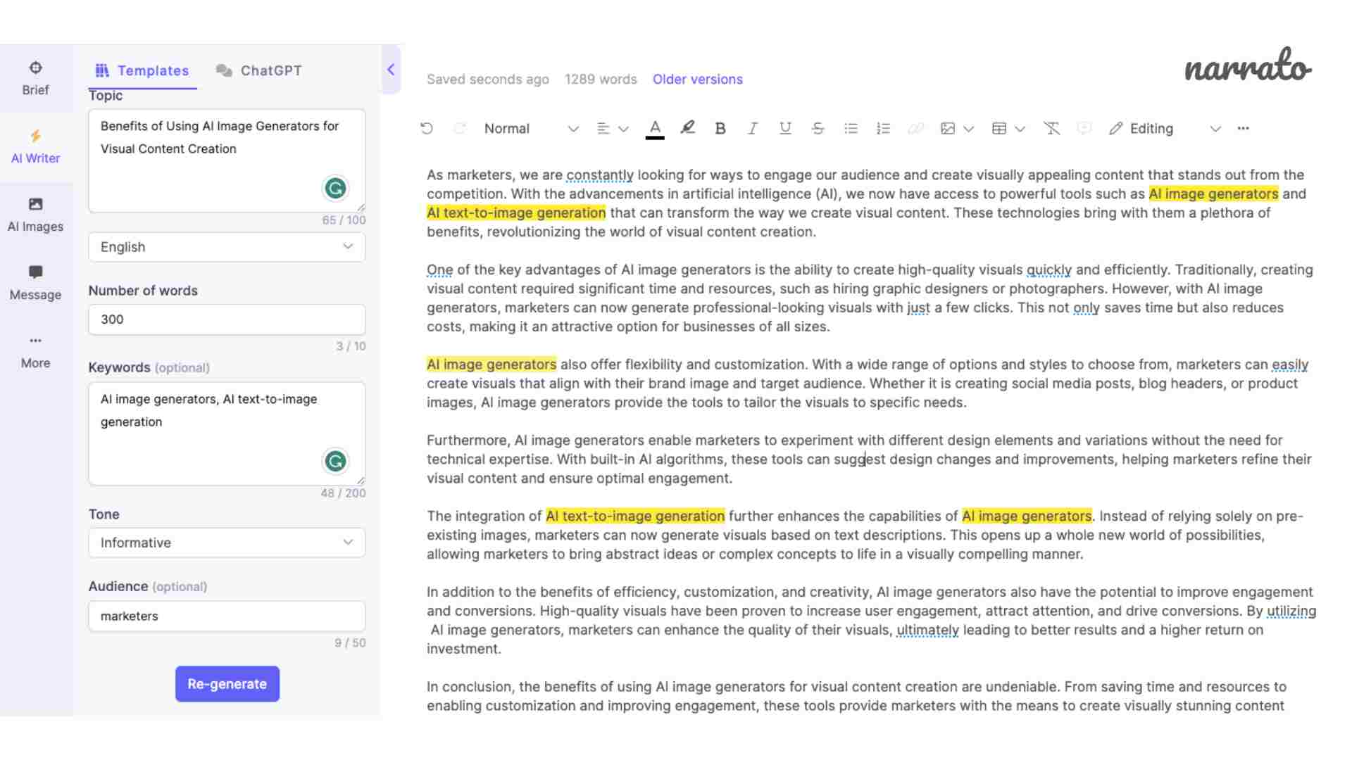 Herramientas de redacción de contenido para SEO: escritor Narrato AI