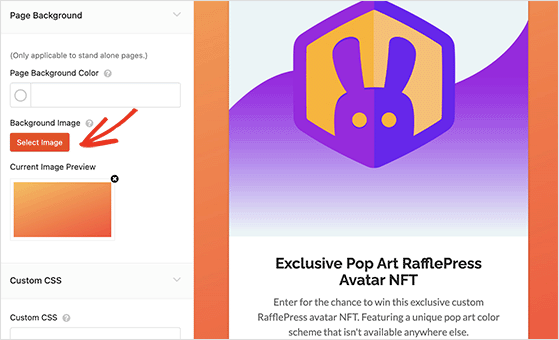 RafflePress giveaway page background settings