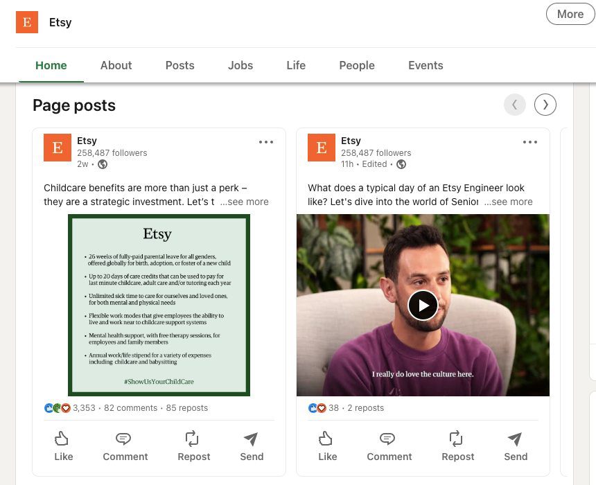 Stratégie de marketing de contenu Etsy : Page LinkedIn d'Etsy