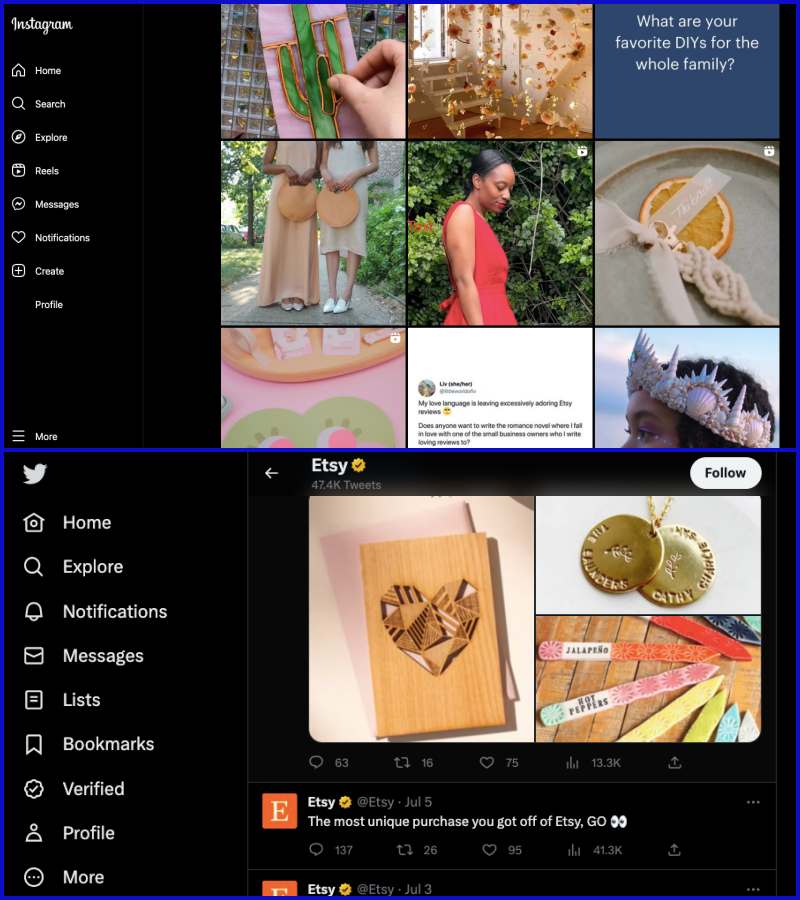 กลยุทธ์การตลาดเนื้อหา Etsy: Etsy Instagram และ Twitter Page