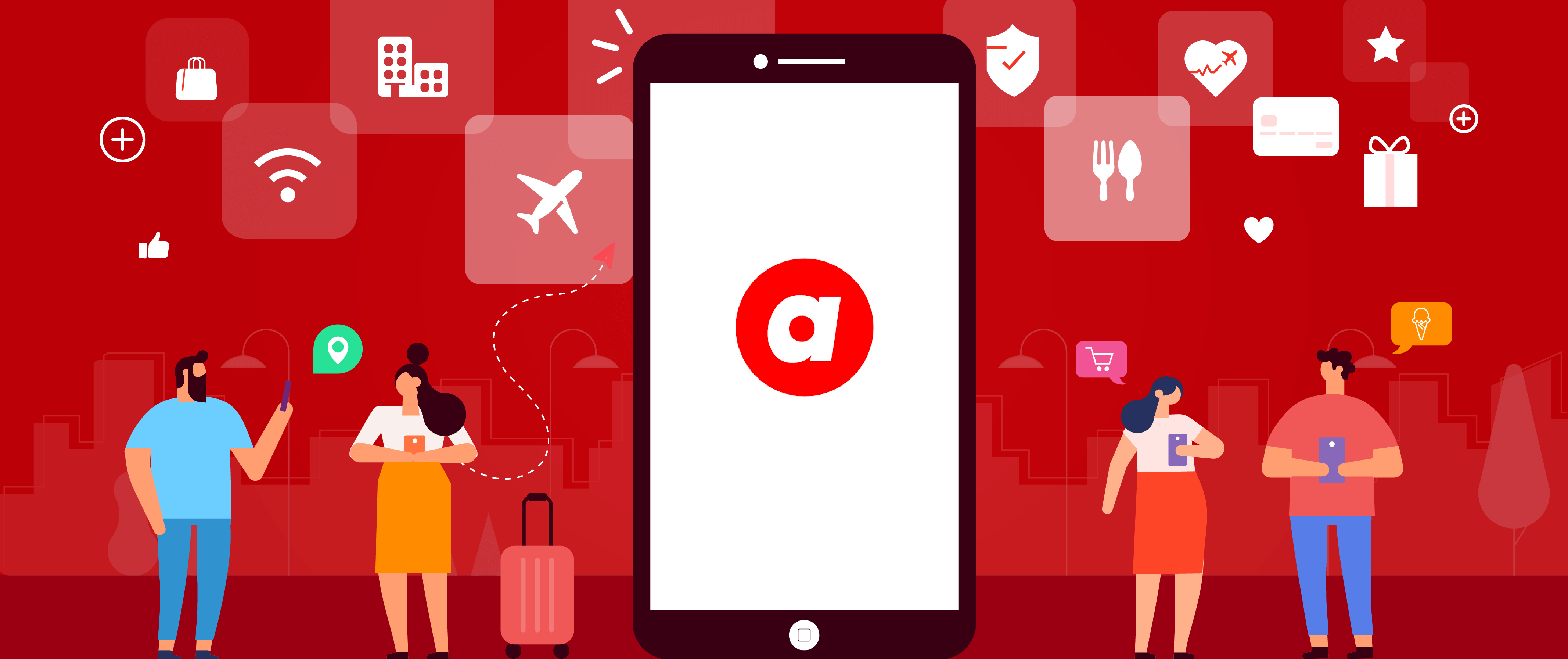 Ilustracja przedstawiająca użytkowników aplikacji mobilnej otaczających gigantyczny telefon z logo AirAsia.