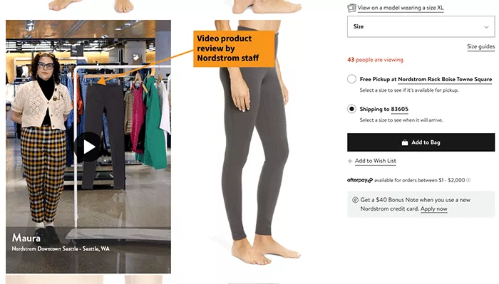 Page produit Nordstrom avec examen vidéo du produit inclus.