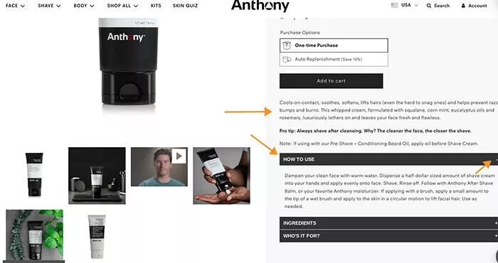 Anthony.com 的產品頁面顯示了包含有關產品的更多詳細信息的切換開關。