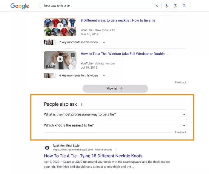 Google 搜索結果中“人們也會問”部分的示例。