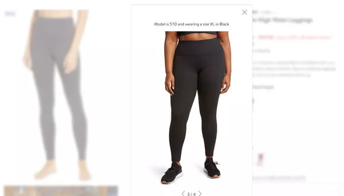 Page produit Nordstrom avec la possibilité de basculer entre les types de corps.