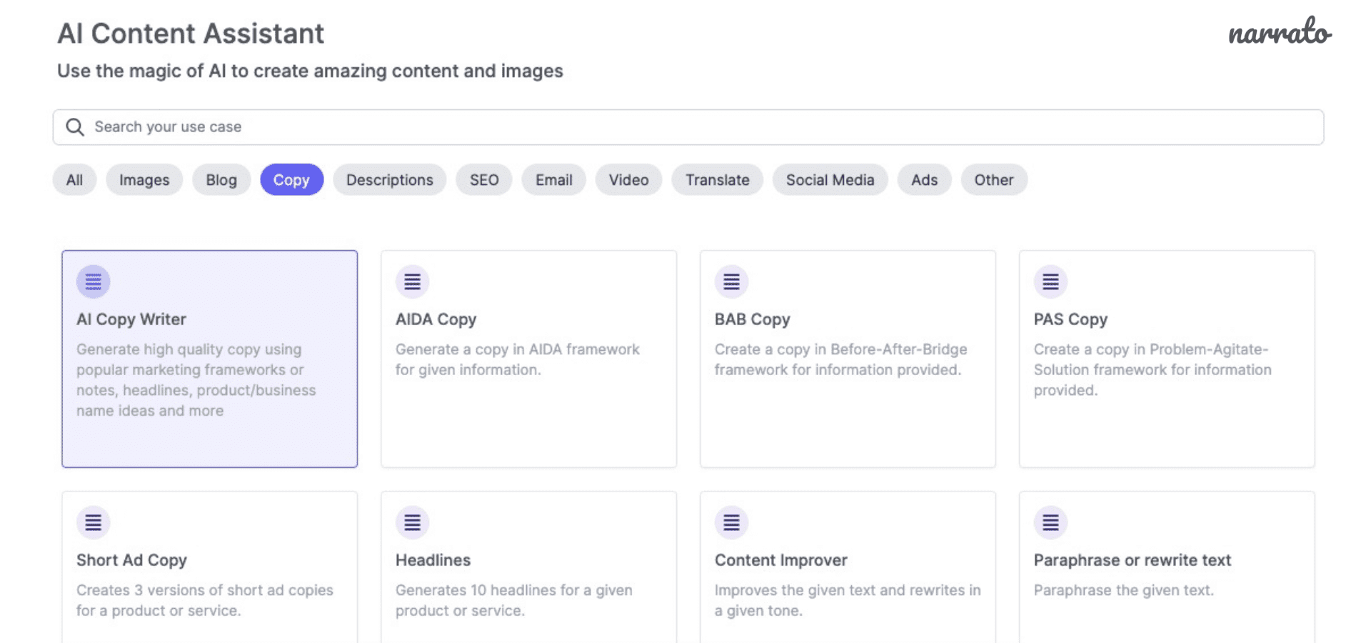 Strumenti di copywriter AI: Narrato