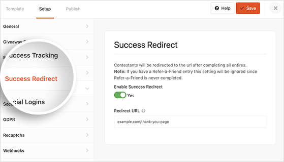 RafflePress success redirect