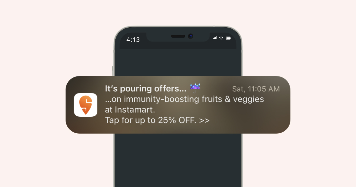 Le notifiche push di Swiggy per il coinvolgimento degli utenti dei monsoni