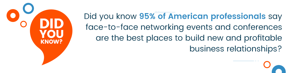 Una leyenda que dice ¿Sabía que el 95 % de los profesionales estadounidenses dicen que los eventos y conferencias de networking cara a cara son los mejores lugares para construir relaciones comerciales nuevas y rentables?