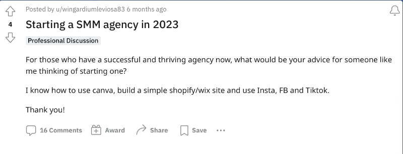 Reddit-Beitrag mit der Frage nach der Gründung einer Social-Media-Marketing-Agentur im Jahr 2023