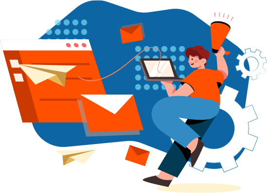 un'illustrazione di una persona che guarda messaggi e buste raffiguranti l'email marketing.