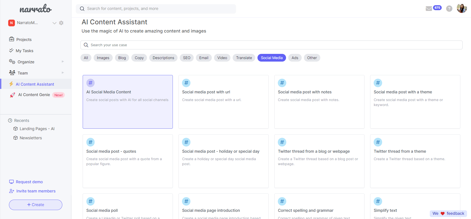 Assistente de conteúdo AI para mídias sociais - Narrato