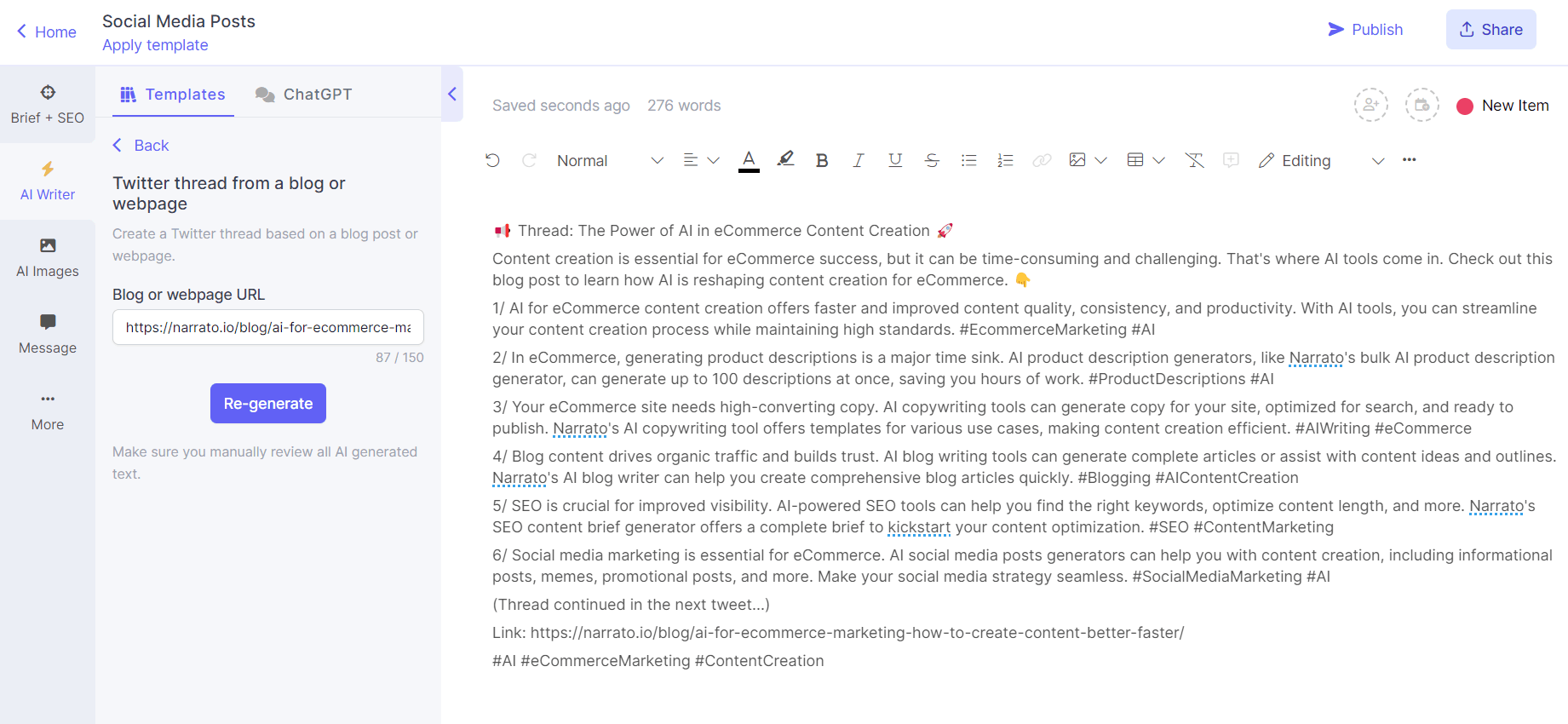 Generador de publicaciones de redes sociales AI - Generador de hilos de Twitter